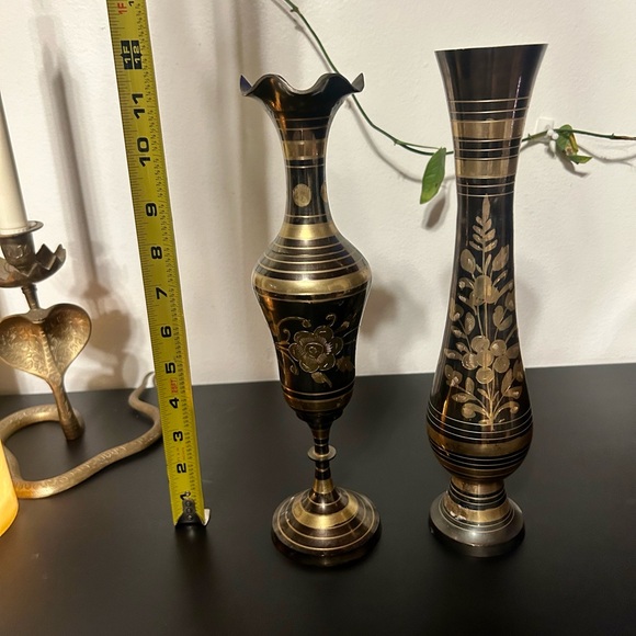 Vintage brass and gold black etched flower vases set of vase decor - Picture 2 of 2